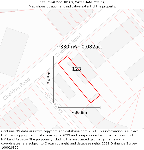 123, CHALDON ROAD, CATERHAM, CR3 5PJ: Plot and title map