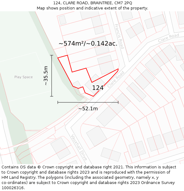 124, CLARE ROAD, BRAINTREE, CM7 2PQ: Plot and title map