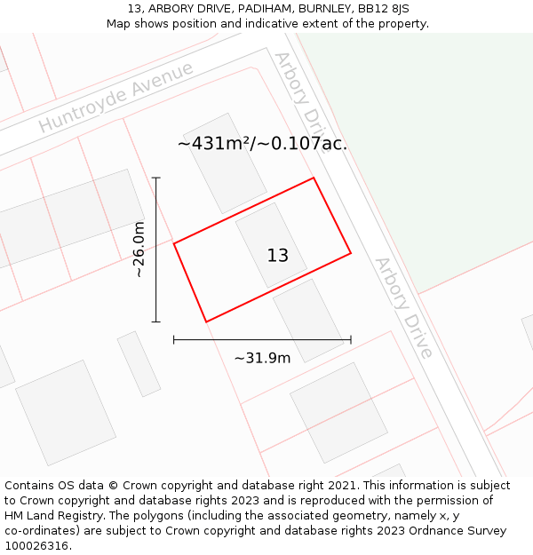 13, ARBORY DRIVE, PADIHAM, BURNLEY, BB12 8JS: Plot and title map