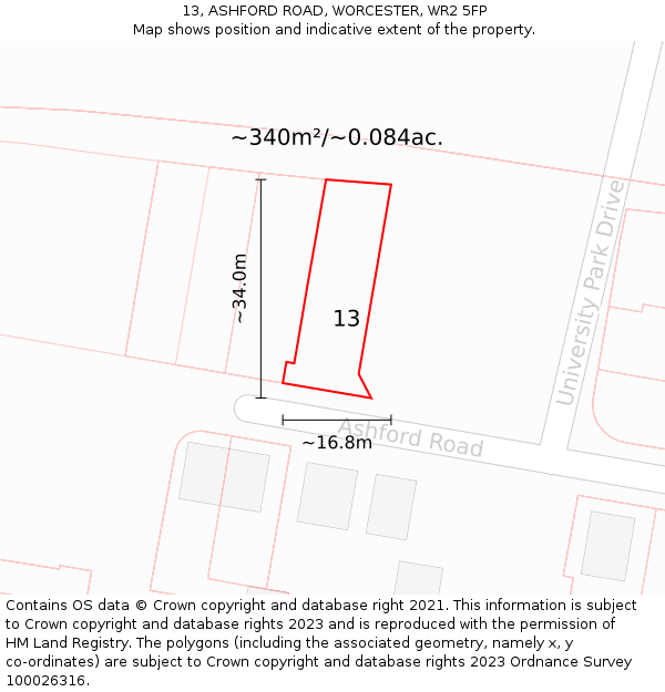 13, ASHFORD ROAD, WORCESTER, WR2 5FP: Plot and title map