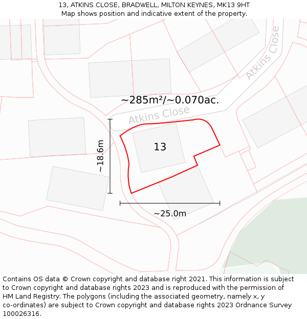 13, ATKINS CLOSE, BRADWELL, MILTON KEYNES, MK13 9HT: Plot and title map