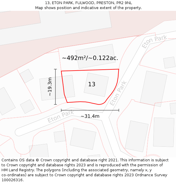 13, ETON PARK, FULWOOD, PRESTON, PR2 9NL: Plot and title map