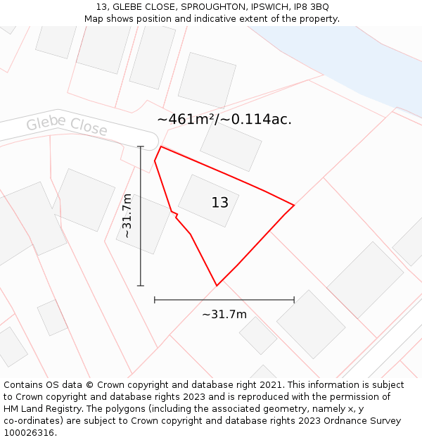 13, GLEBE CLOSE, SPROUGHTON, IPSWICH, IP8 3BQ: Plot and title map