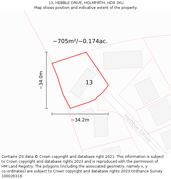 13, HEBBLE DRIVE, HOLMFIRTH, HD9 3XU: Plot and title map