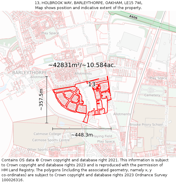 13, HOLBROOK WAY, BARLEYTHORPE, OAKHAM, LE15 7WL: Plot and title map