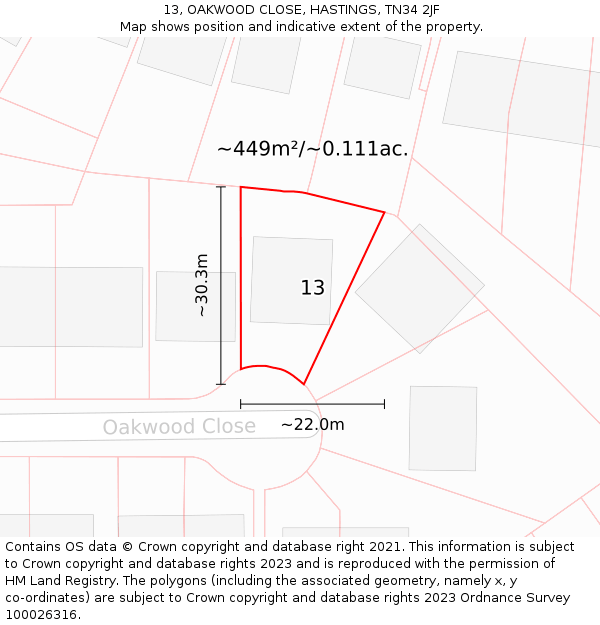 13, OAKWOOD CLOSE, HASTINGS, TN34 2JF: Plot and title map