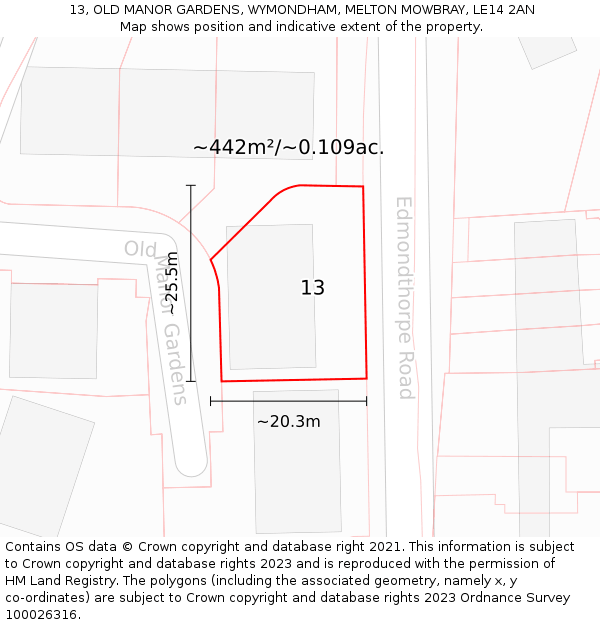 13, OLD MANOR GARDENS, WYMONDHAM, MELTON MOWBRAY, LE14 2AN: Plot and title map