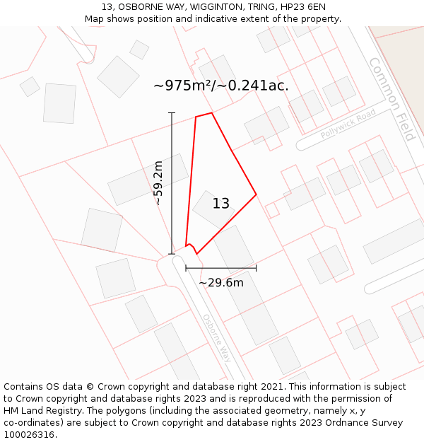 13, OSBORNE WAY, WIGGINTON, TRING, HP23 6EN: Plot and title map