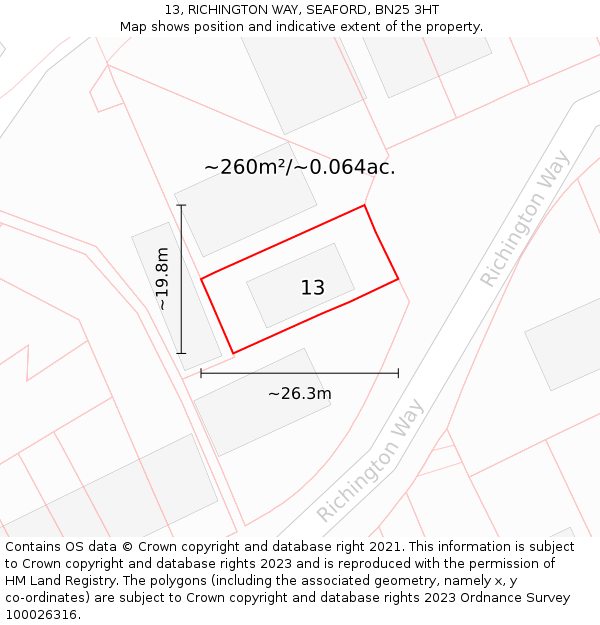 13, RICHINGTON WAY, SEAFORD, BN25 3HT: Plot and title map