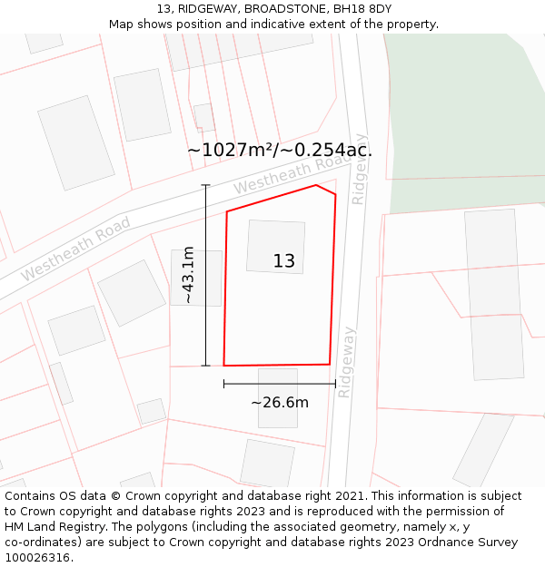 13, RIDGEWAY, BROADSTONE, BH18 8DY: Plot and title map