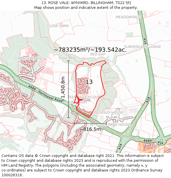 13, ROSE VALE, WYNYARD, BILLINGHAM, TS22 5FJ: Plot and title map