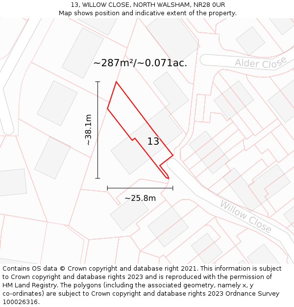 13, WILLOW CLOSE, NORTH WALSHAM, NR28 0UR: Plot and title map