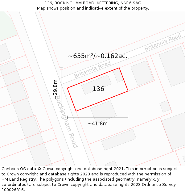 136, ROCKINGHAM ROAD, KETTERING, NN16 9AG: Plot and title map