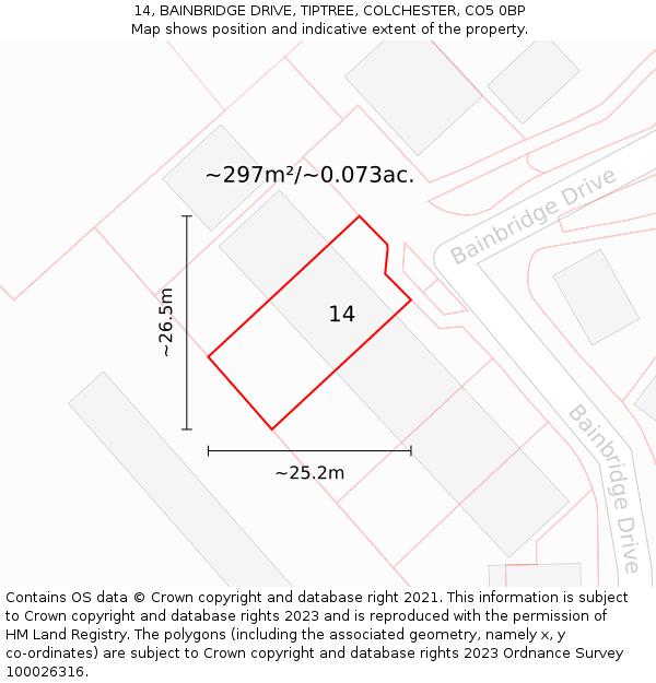 14, BAINBRIDGE DRIVE, TIPTREE, COLCHESTER, CO5 0BP: Plot and title map