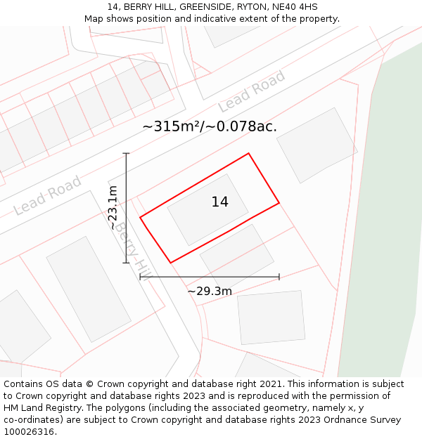 14, BERRY HILL, GREENSIDE, RYTON, NE40 4HS: Plot and title map