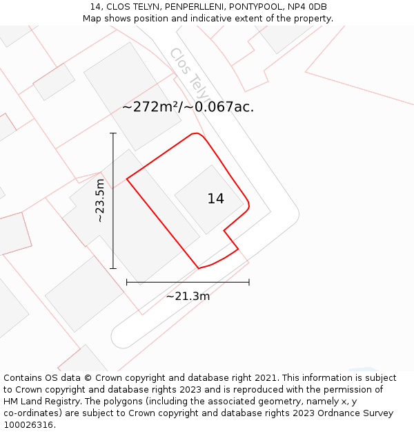 14, CLOS TELYN, PENPERLLENI, PONTYPOOL, NP4 0DB: Plot and title map