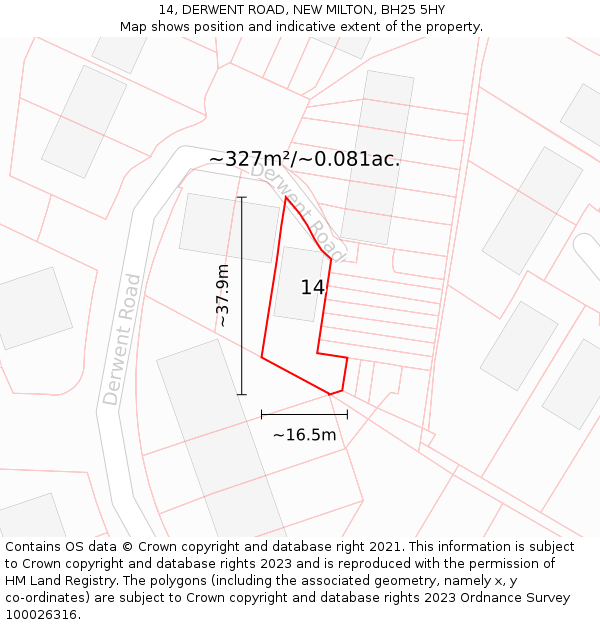 14, DERWENT ROAD, NEW MILTON, BH25 5HY: Plot and title map