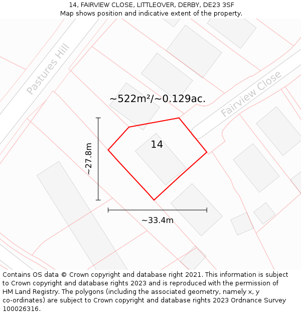 14, FAIRVIEW CLOSE, LITTLEOVER, DERBY, DE23 3SF: Plot and title map