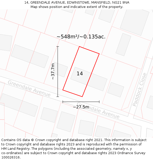 14, GREENDALE AVENUE, EDWINSTOWE, MANSFIELD, NG21 9NA: Plot and title map