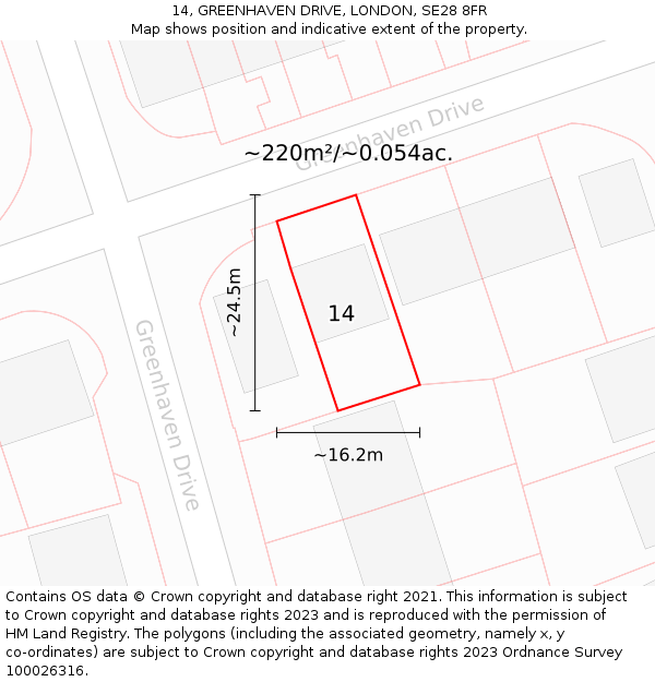 14, GREENHAVEN DRIVE, LONDON, SE28 8FR: Plot and title map