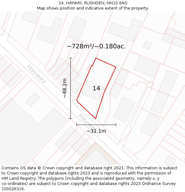 14, HAYWAY, RUSHDEN, NN10 6AG: Plot and title map