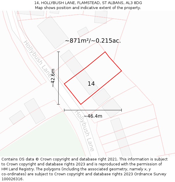 14, HOLLYBUSH LANE, FLAMSTEAD, ST ALBANS, AL3 8DG: Plot and title map