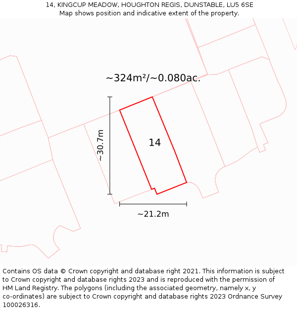 14, KINGCUP MEADOW, HOUGHTON REGIS, DUNSTABLE, LU5 6SE: Plot and title map