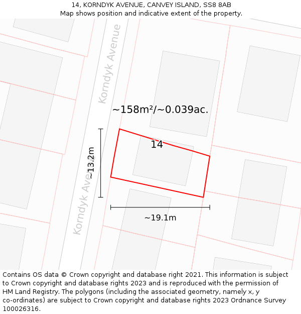 14, KORNDYK AVENUE, CANVEY ISLAND, SS8 8AB: Plot and title map