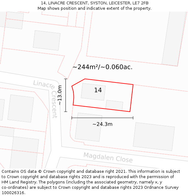 14, LINACRE CRESCENT, SYSTON, LEICESTER, LE7 2FB: Plot and title map