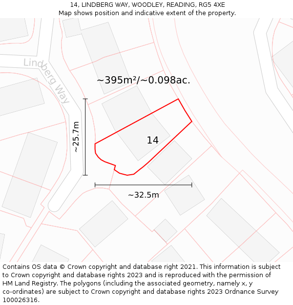 14, LINDBERG WAY, WOODLEY, READING, RG5 4XE: Plot and title map