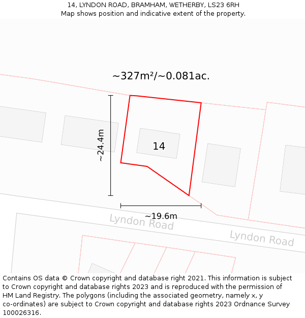 14, LYNDON ROAD, BRAMHAM, WETHERBY, LS23 6RH: Plot and title map