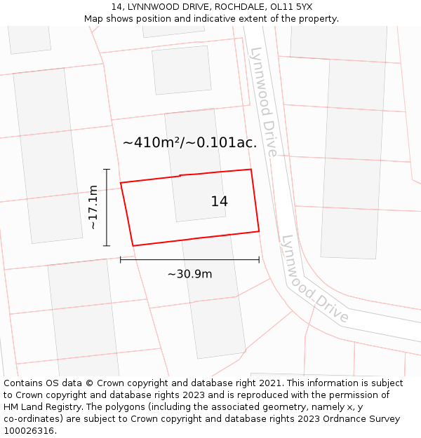 14, LYNNWOOD DRIVE, ROCHDALE, OL11 5YX: Plot and title map