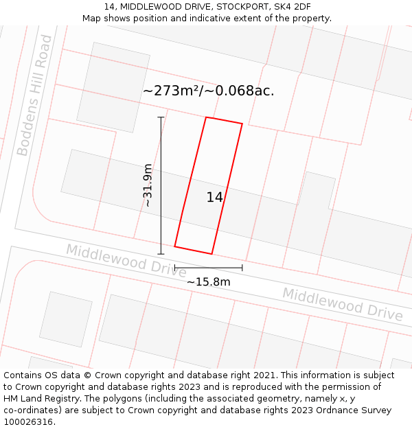 14, MIDDLEWOOD DRIVE, STOCKPORT, SK4 2DF: Plot and title map