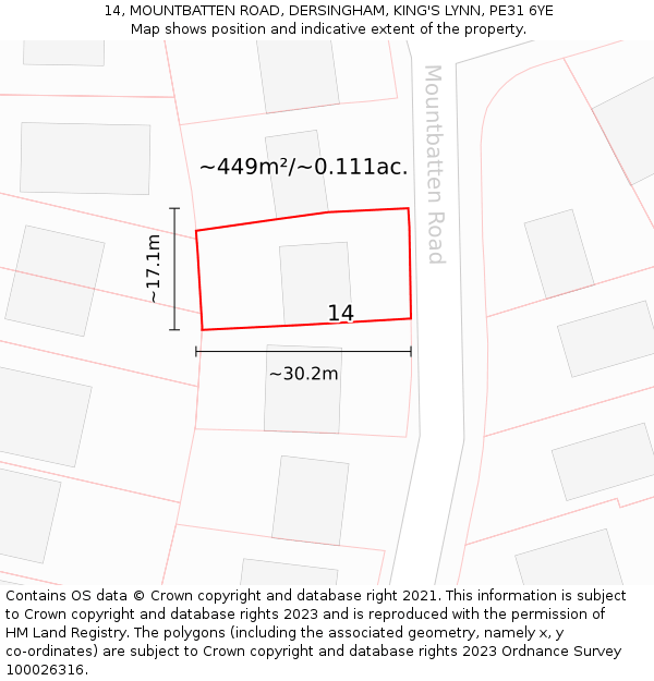 14, MOUNTBATTEN ROAD, DERSINGHAM, KING'S LYNN, PE31 6YE: Plot and title map