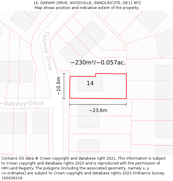 14, OAKWAY DRIVE, WOODVILLE, SWADLINCOTE, DE11 8FZ: Plot and title map