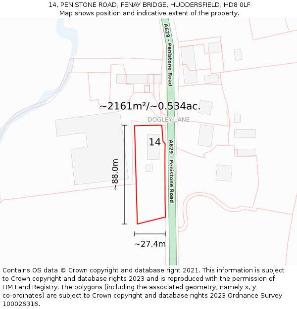 14, PENISTONE ROAD, FENAY BRIDGE, HUDDERSFIELD, HD8 0LF: Plot and title map