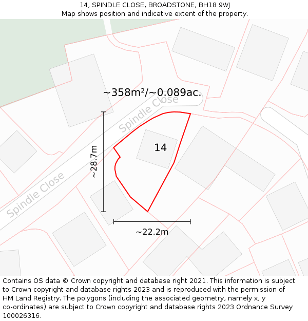 14, SPINDLE CLOSE, BROADSTONE, BH18 9WJ: Plot and title map