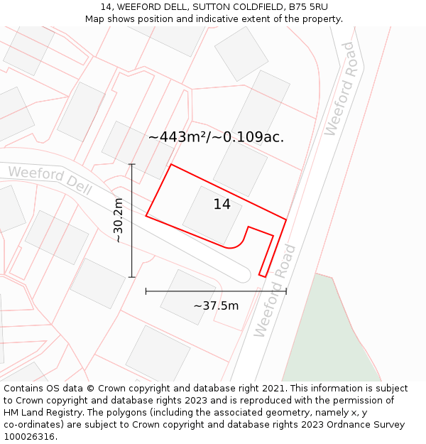 14, WEEFORD DELL, SUTTON COLDFIELD, B75 5RU: Plot and title map