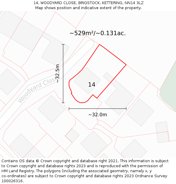 14, WOODYARD CLOSE, BRIGSTOCK, KETTERING, NN14 3LZ: Plot and title map