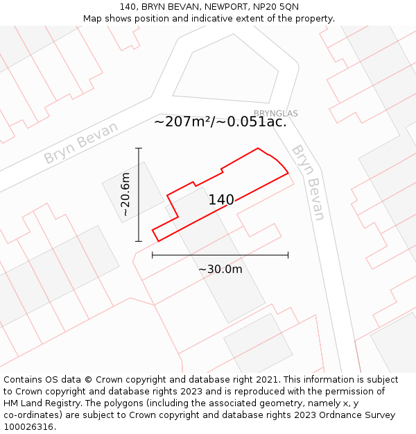 140, BRYN BEVAN, NEWPORT, NP20 5QN: Plot and title map