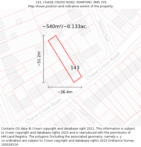 143, CHASE CROSS ROAD, ROMFORD, RM5 3YS: Plot and title map