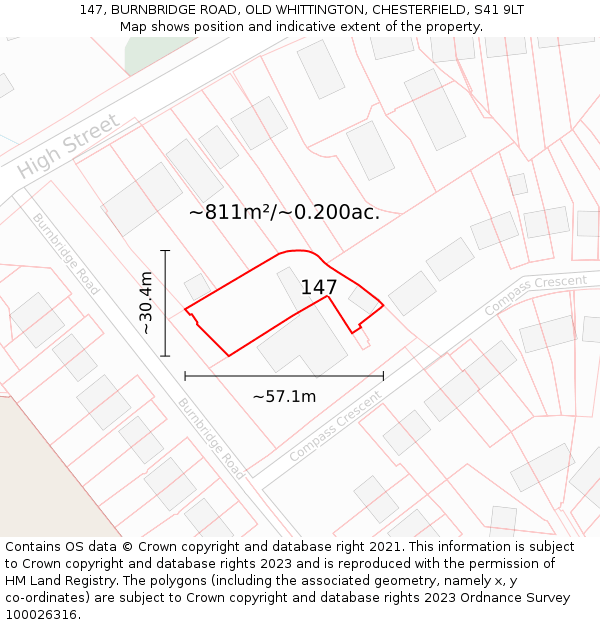 147, BURNBRIDGE ROAD, OLD WHITTINGTON, CHESTERFIELD, S41 9LT: Plot and title map