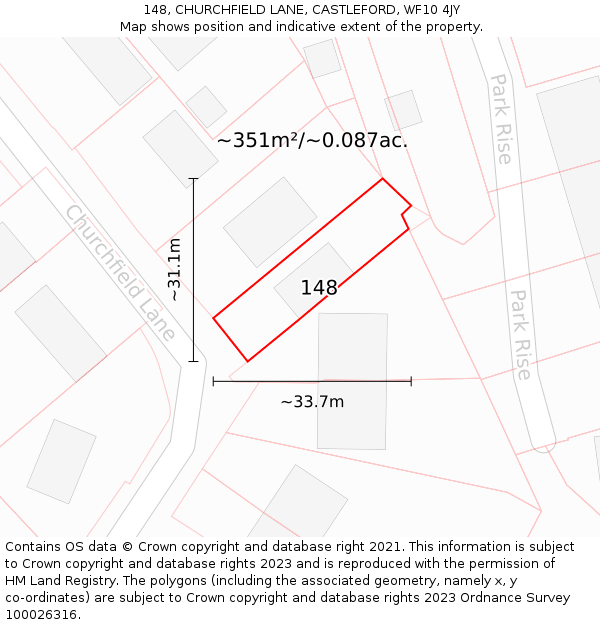 148, CHURCHFIELD LANE, CASTLEFORD, WF10 4JY: Plot and title map