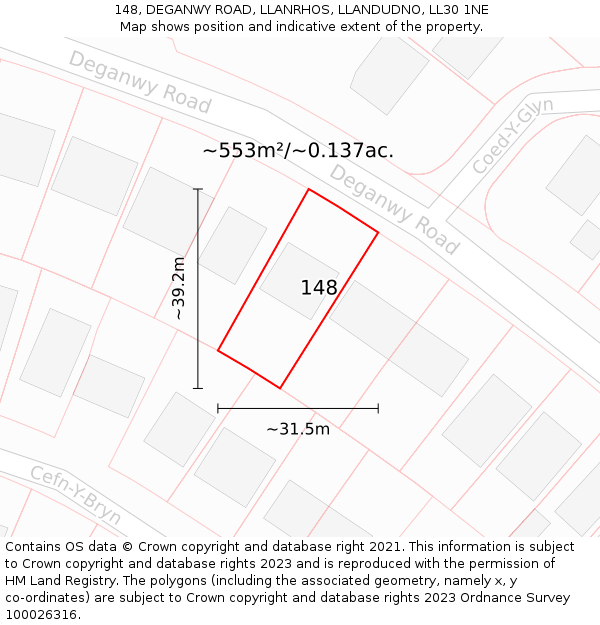 148, DEGANWY ROAD, LLANRHOS, LLANDUDNO, LL30 1NE: Plot and title map