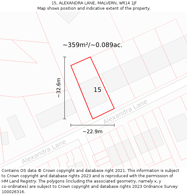 15, ALEXANDRA LANE, MALVERN, WR14 1JF: Plot and title map