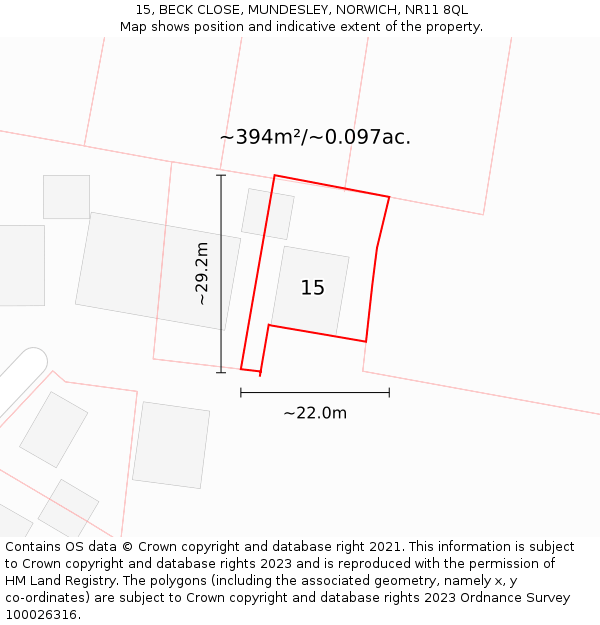 15, BECK CLOSE, MUNDESLEY, NORWICH, NR11 8QL: Plot and title map