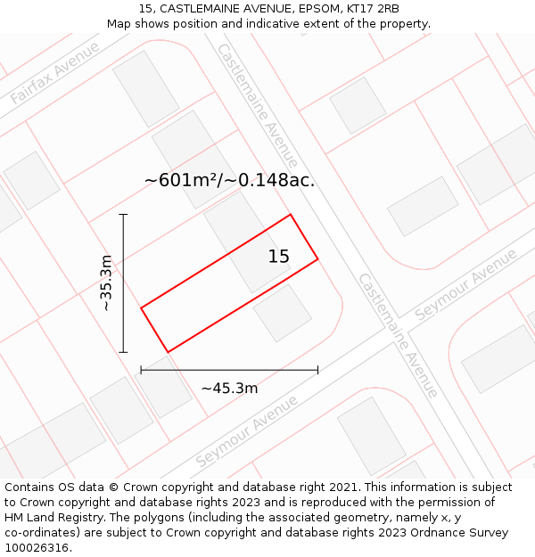 15, CASTLEMAINE AVENUE, EPSOM, KT17 2RB: Plot and title map