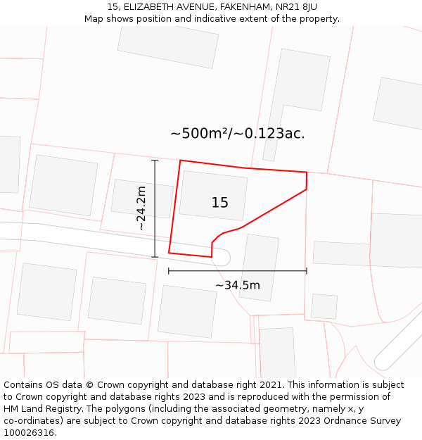 15, ELIZABETH AVENUE, FAKENHAM, NR21 8JU: Plot and title map