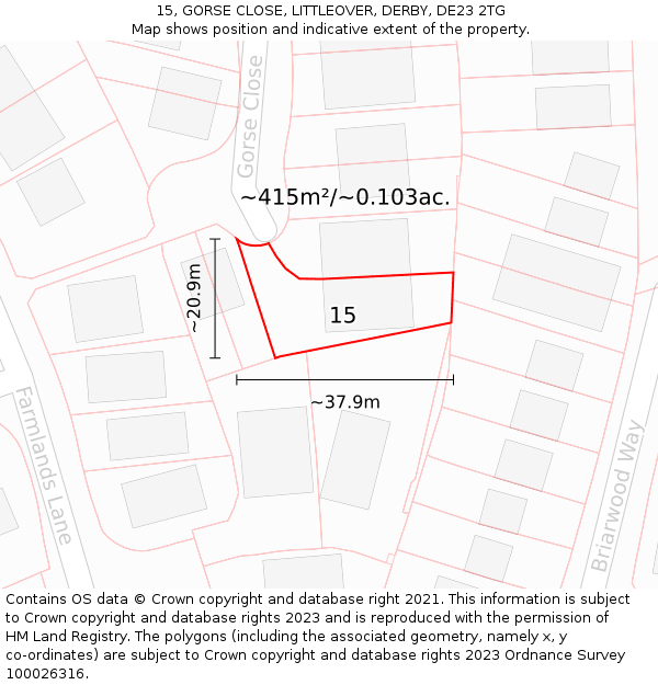 15, GORSE CLOSE, LITTLEOVER, DERBY, DE23 2TG: Plot and title map