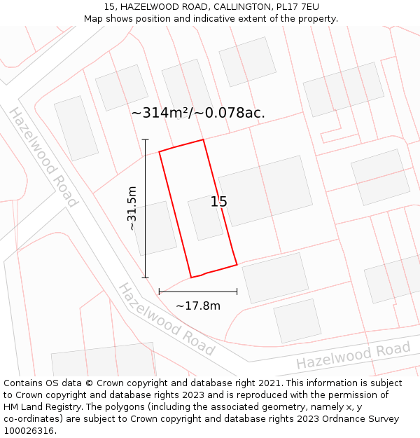 15, HAZELWOOD ROAD, CALLINGTON, PL17 7EU: Plot and title map